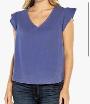 Three Dots Women's Shirt Periwinkle V-Neck Double Layer Cotton Gauze Large NEW